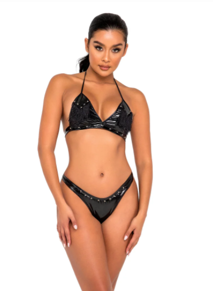 Studded Vinyl Bikini Top with Fringe Detail 6126