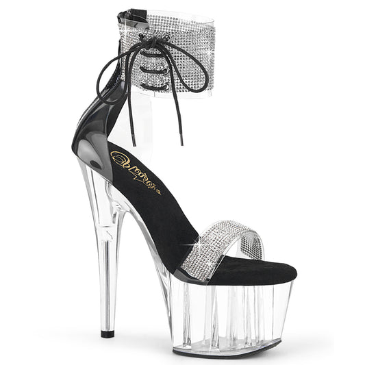 PLEASER ADO727RS/C-B/C Clear and Black 7 Inch Heel, with Ankle Cuff Featuring Rhinestone Embellishments