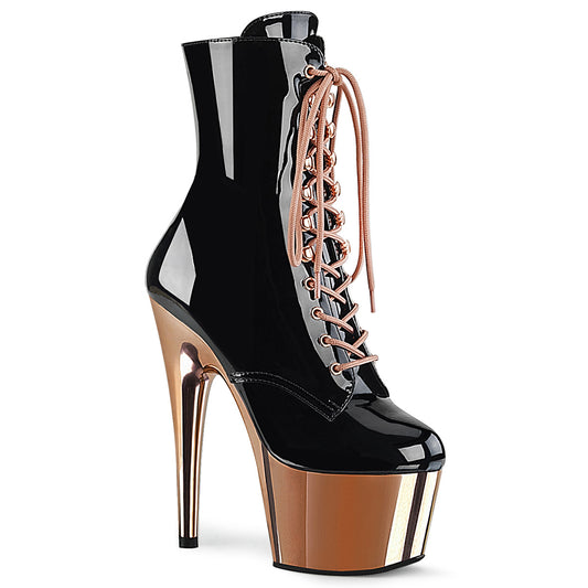 PLEASER ADO1020/B/ROGLDCH Black and Rose Gold Chrome 7 Inch Ankle Boots