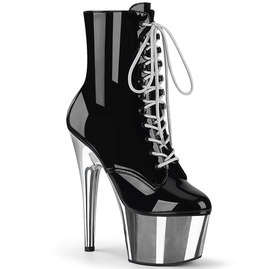 PLEASER ADO1020/B/SCH Black and Silver Chrome 7 Inch Ankle Boots