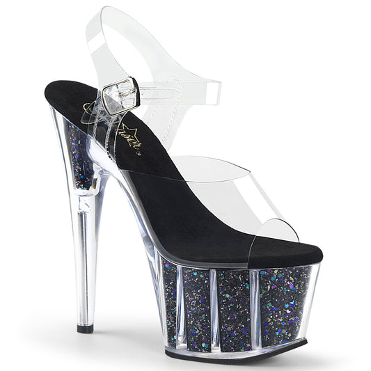 PLEASER ADO708CG/C/BG 7 INCH Clear Strap with Black Glitter Heel