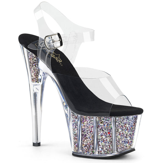 PLEASER ADO708CG/C/SG 7 INCH Clear Strap with Silver Glitter Heel