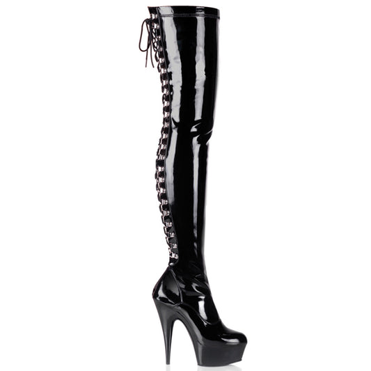 PLEASER DEL3063/B/M Shiny Black 6 Inch Thigh High Boots