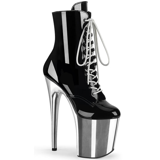 PLEASER FLAM1020/B/SCH Black and Silver Chrome 8 Inch Ankle Boots