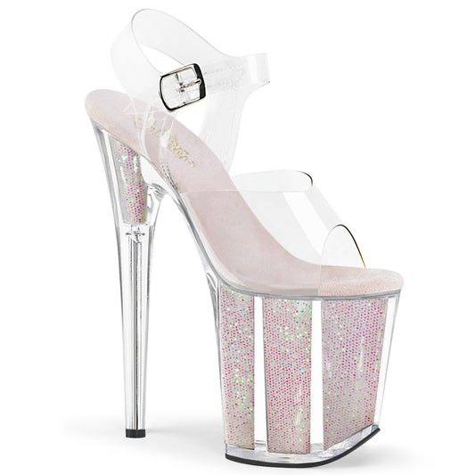 PLEASER FLAM808G/C/OPG Clear Opal Glitter Heel with Ankle Strap 8 Inch Heels