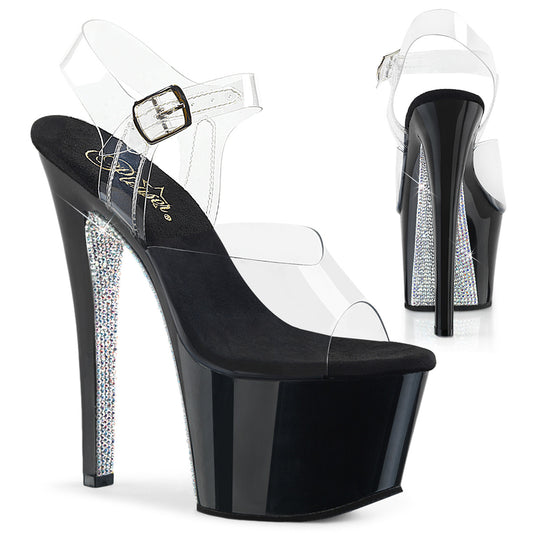 PLEASER SKY308CRS Clear/Black-Silver 7 Inch Rhinestone Platform Ankle Strap Sandal